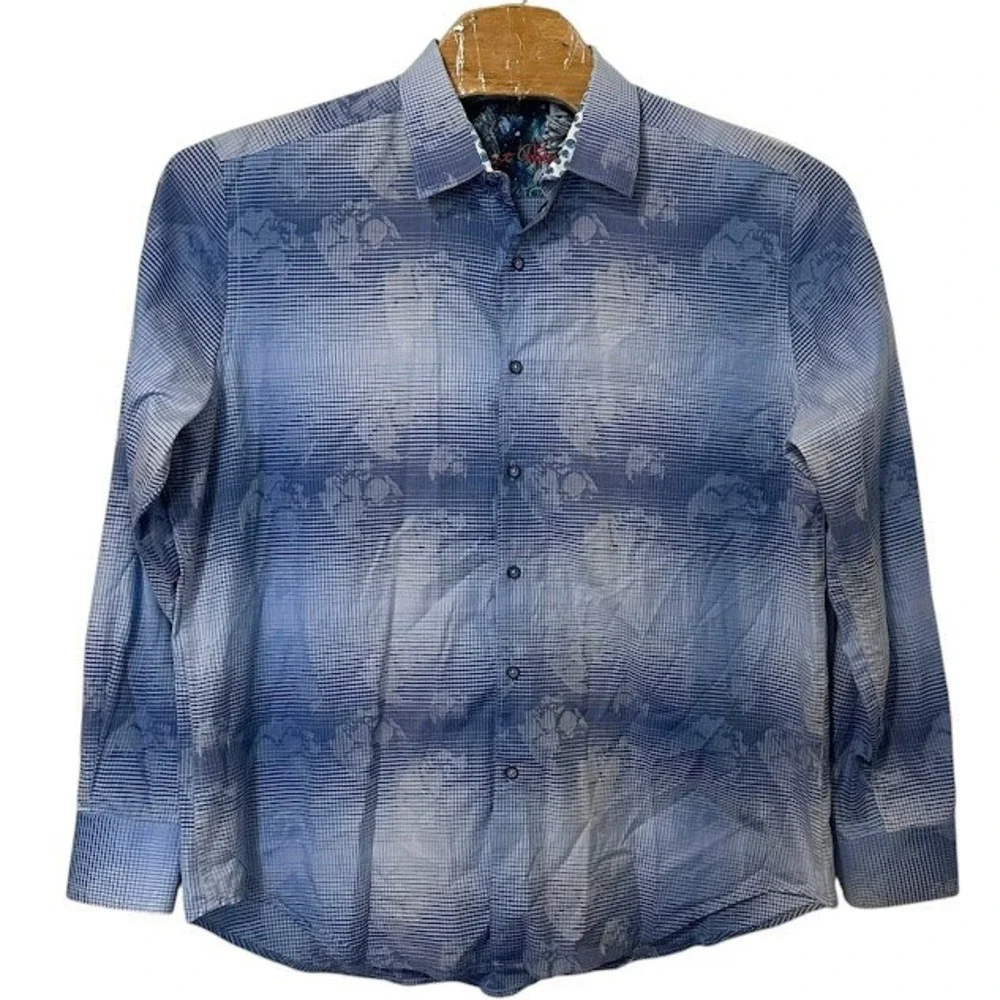 Robert Graham Blue Check‎ Abstract Pattern Flip Cuff Dress Shirt Classic Fit 2XL